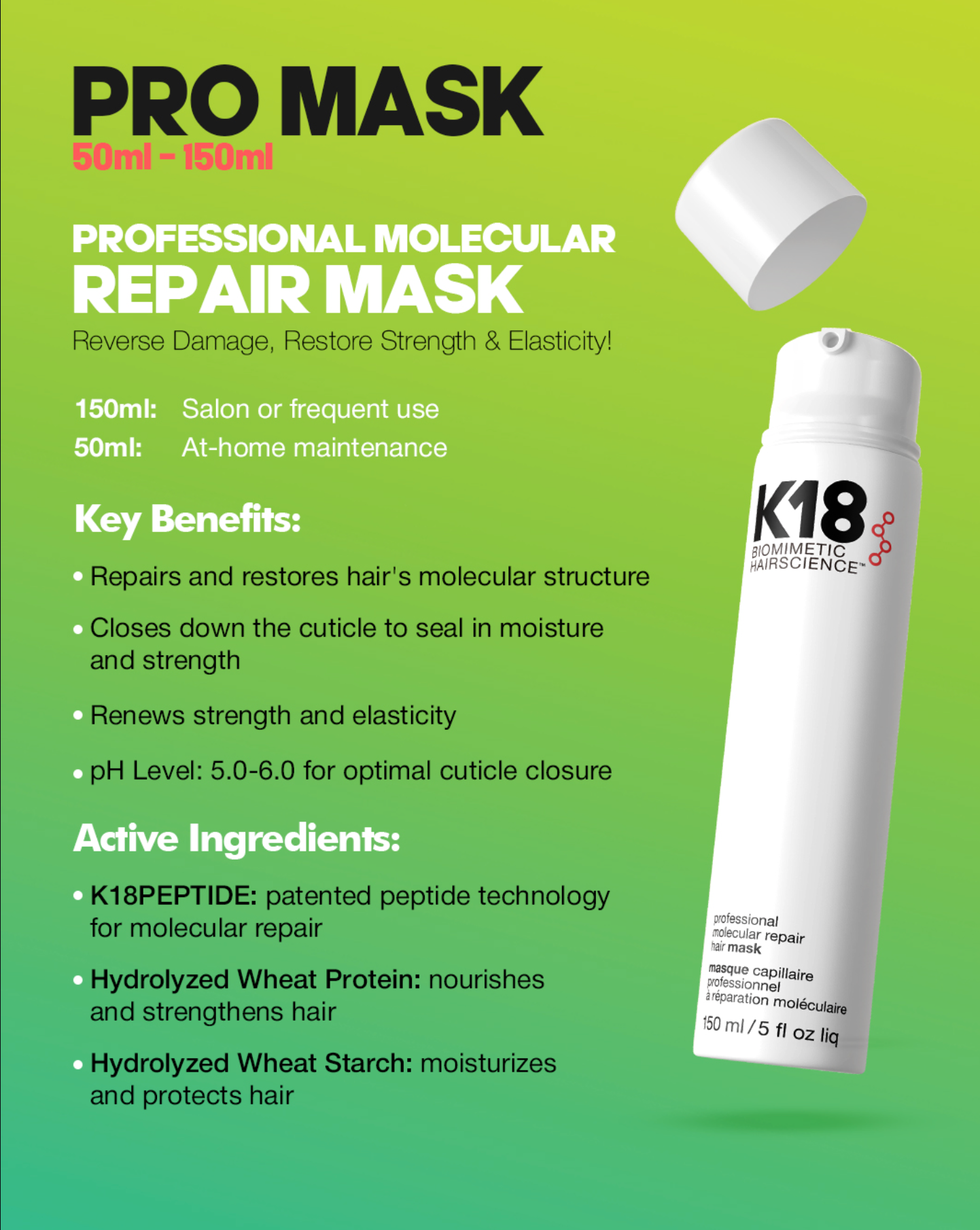 k18 biomimetic hairscience professional molecular repair hair mask - 150 ml