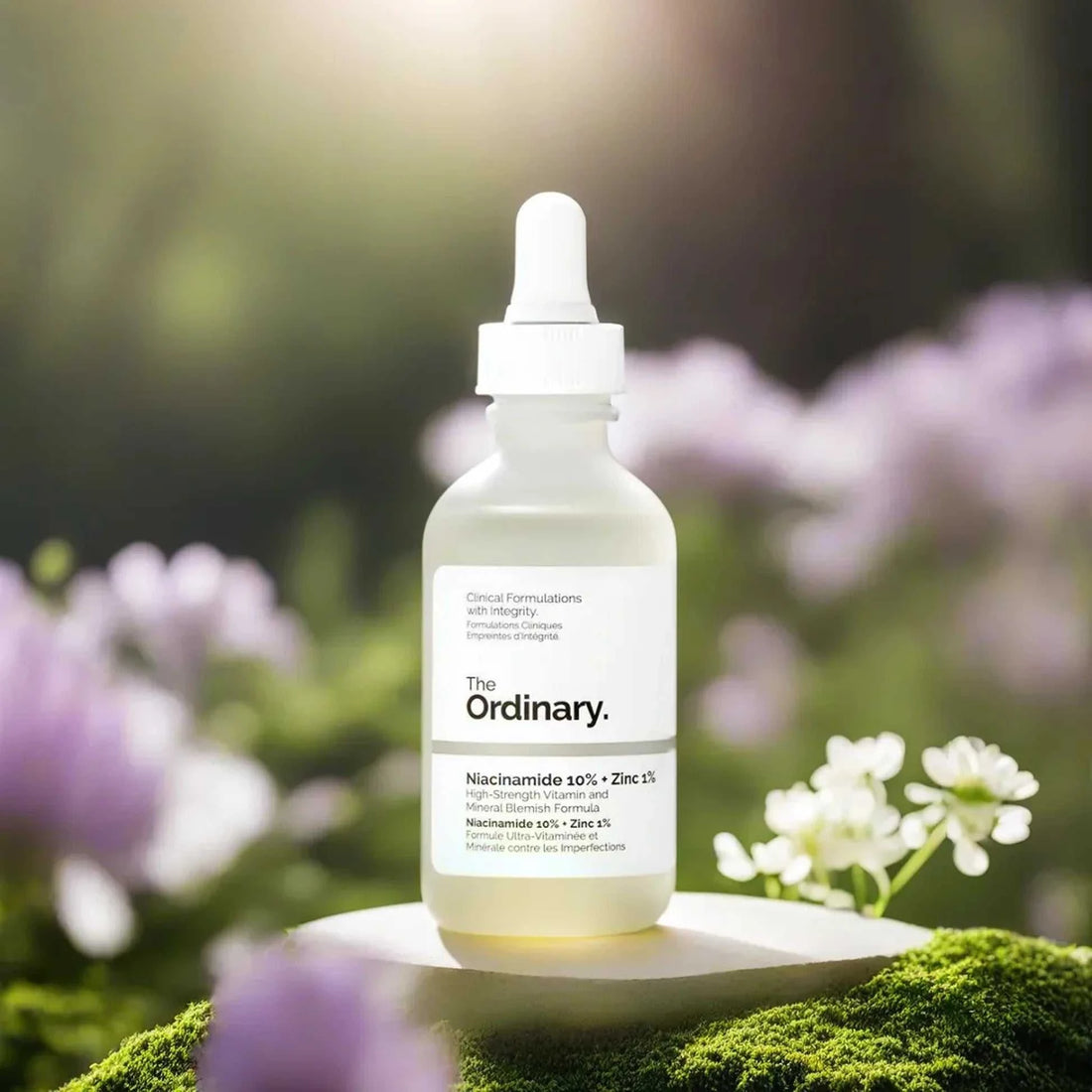 The Ordinary Niacinamide 10% + Zinc 1% serum bottle on white background