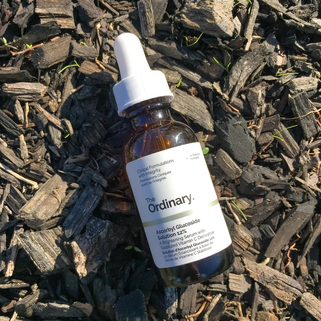 The Ordinary Ascorbyl Glucoside Solution 12% brightening serum bottle on white background