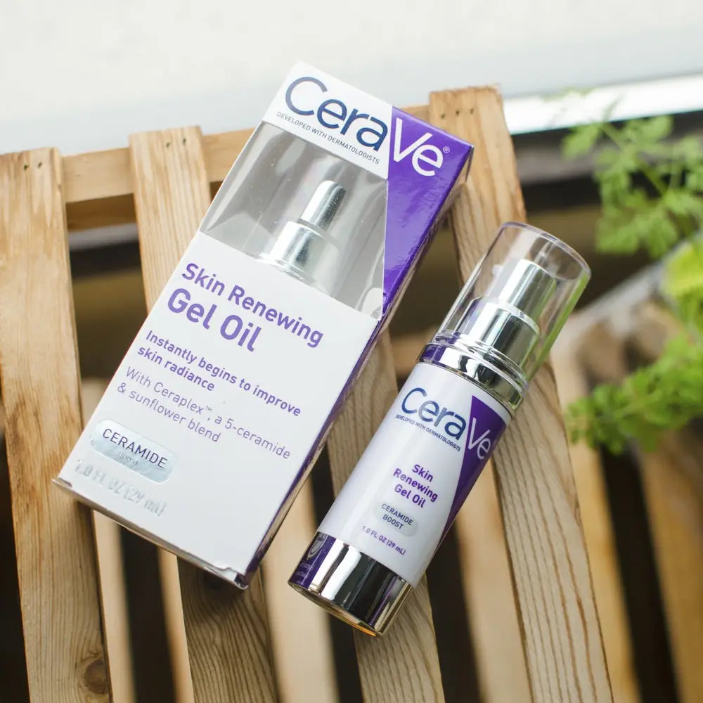 CeraVe Skin Renewing Gel Oil bottle highlighting lightweight hydration and radiant skin glow benefits