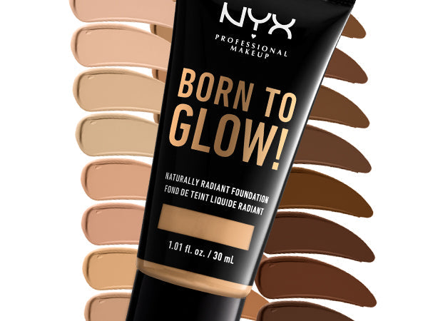 NYX Born to Glow foundation bottle with radiant glow background
