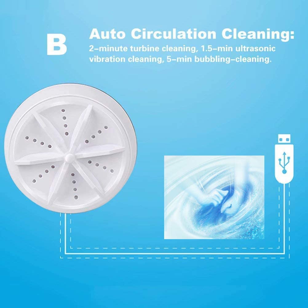 Compact mini turbine washing machine for portable ultrasonic laundry cleaning