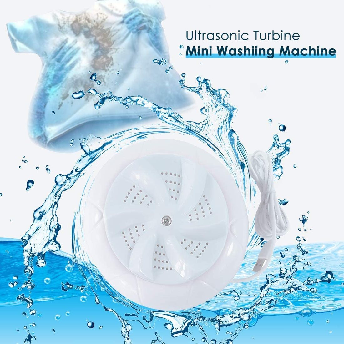 Compact mini turbine washing machine for portable ultrasonic laundry cleaning
