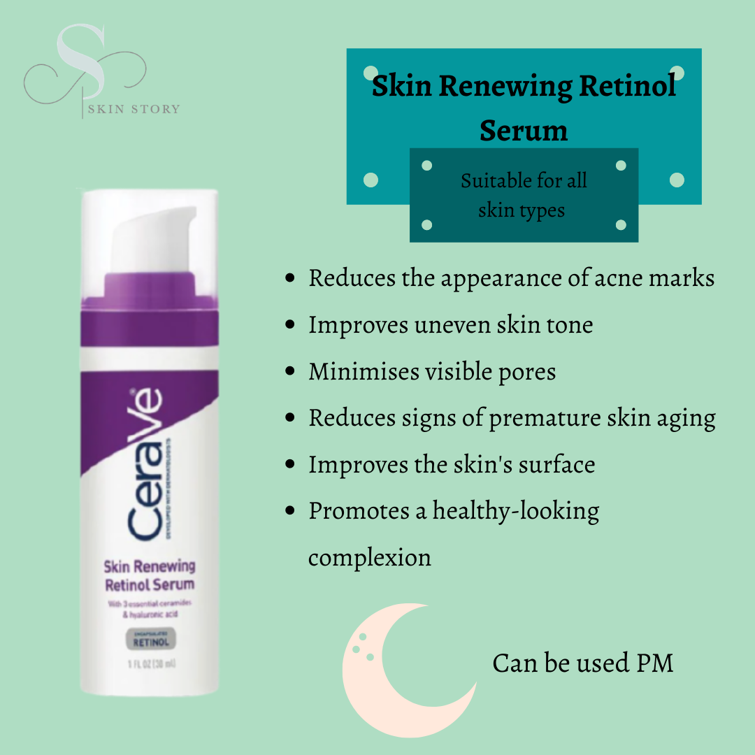 CeraVe Skin Renewing Retinol Serum bottle with key ingredients and benefits displayed
